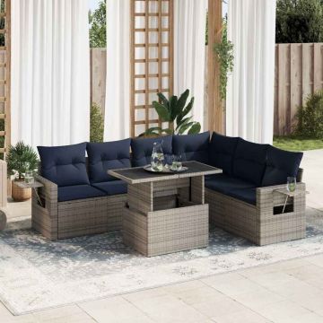 Set canapele grădină perne 7 piese negru, poliratan/lemn acacia