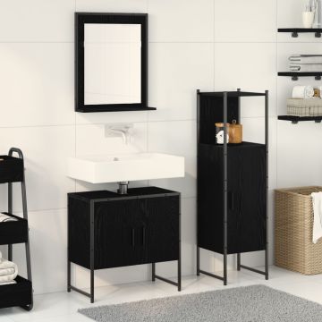 Set de dulapuri pentru baie 3 piese Negru Stejar Lemn prelucrat