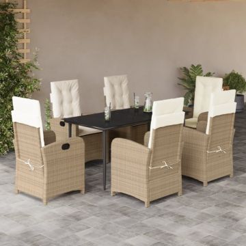 Set de masă pentru grădină, 7 piese, cu perne, bej, poliratan