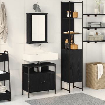 Set de mobilă pentru baie 3 piese Negru Stejar Lemn prelucrat