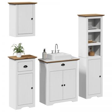 Set de mobilier de baie 4 piese lemn masiv de pin alb și maro