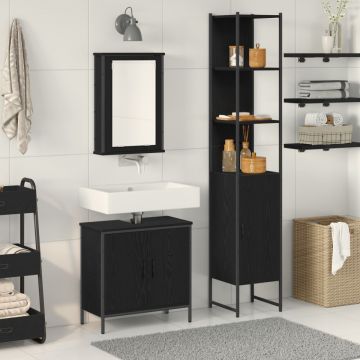 Set de mobilier pentru baie 3 piese Negru stejar din lemn prelucrat