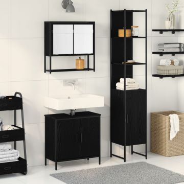 Set de Mobilier pentru Baie 3 Piese Negru Stejar Lemn Prelucrat