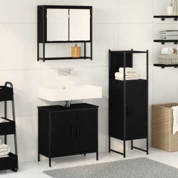 Set de Mobilier pentru Baie 3 Piese Negru Stejar Lemn Prelucrat