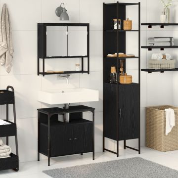 Set de Mobilier pentru Baie 3 Piese Negru Stejar Lemn Stratificat
