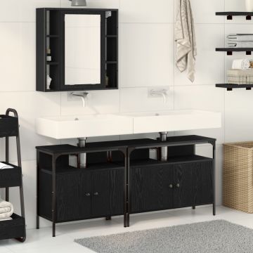 Set de mobilier pentru baie din 3 piese, lemn ingineresc, stejar negru