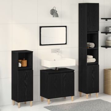 Set de Mobilier pentru Baie din 3 Piese Stejar Negru Lemn Prelucrat