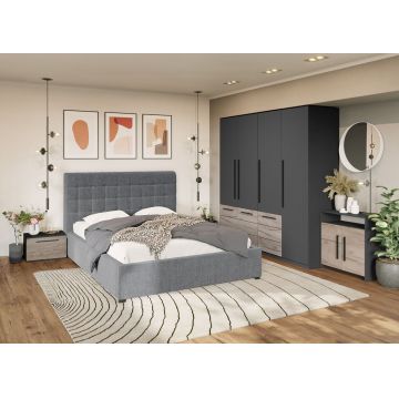 Set Mobila Dormitor Noce T5 cu Pat Tapitat