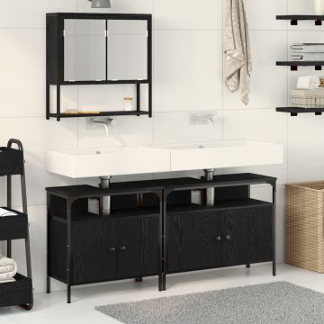 Set Mobiler Baie 3 Piese Negru de Stejar Lemn Prelucrat