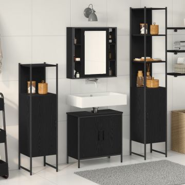 Set mobilier baie de 4 piese Stejar Negru Lemn prelucrat