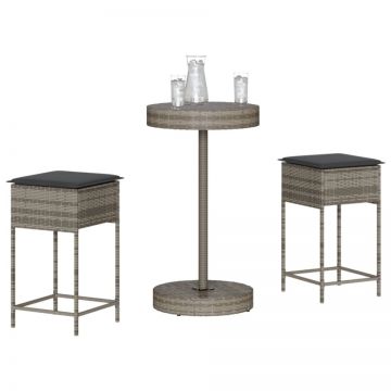 Set mobilier bar de grădină, cu perne, 3 piese, gri, poliratan