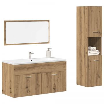 Set mobilier de baie, 3 piese, stejar artizanal, lemn prelucrat