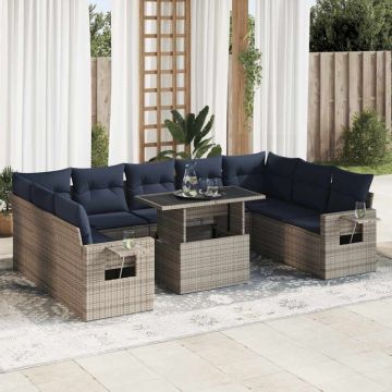 Set mobilier de grădină cu perne, 10 piese, gri, poliratan