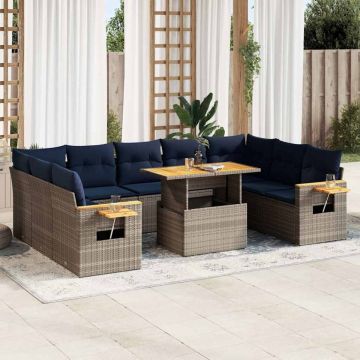 Set mobilier de grădină cu perne, 10 piese, gri, poliratan