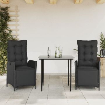 Set mobilier de grădină cu perne, 3 piese, negru, poliratan