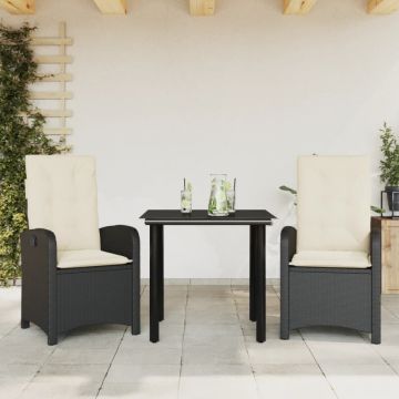 Set mobilier de grădină cu perne, 3 piese, negru, poliratan