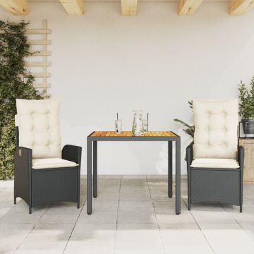 Set mobilier de grădină cu perne, 3 piese, negru, poliratan