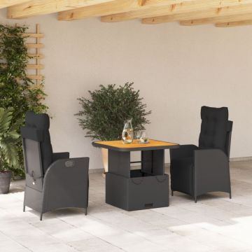 Set mobilier de grădină cu perne, 3 piese, negru, poliratan