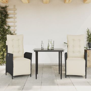 Set mobilier de grădină cu perne, 3 piese, negru, poliratan