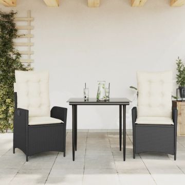 Set mobilier de grădină cu perne, 3 piese, negru, poliratan