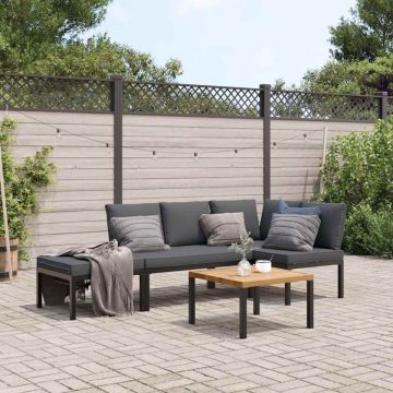 Set mobilier de grădină cu perne, 4 piese, negru, aluminiu