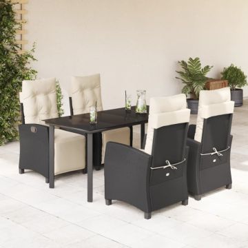 Set mobilier de grădină cu perne, 5 piese, negru, poliratan