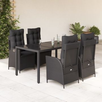 Set mobilier de grădină cu perne, 5 piese, negru, poliratan