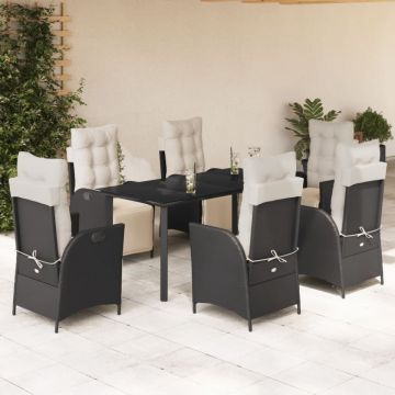 Set mobilier de grădină cu perne, 7 piese, negru, poliratan
