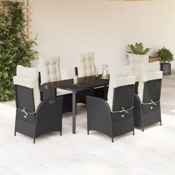 Set mobilier de grădină cu perne, 7 piese, negru, poliratan