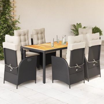 Set mobilier de grădină cu perne, 7 piese, negru, poliratan