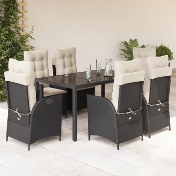 Set mobilier de grădină cu perne, 7 piese, negru, poliratan