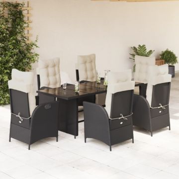 Set mobilier de grădină cu perne, 7 piese, negru, poliratan