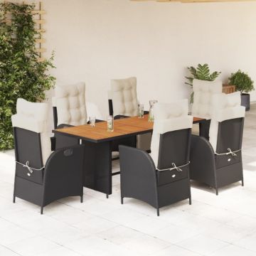 Set mobilier de grădină cu perne, 7 piese, negru, poliratan
