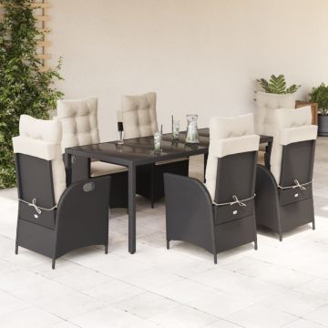 Set mobilier de grădină cu perne, 7 piese, negru, poliratan