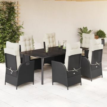 Set mobilier de grădină cu perne, 7 piese, negru, poliratan