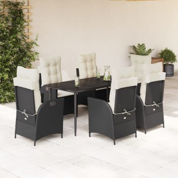 Set mobilier de grădină cu perne, 7 piese, negru, poliratan