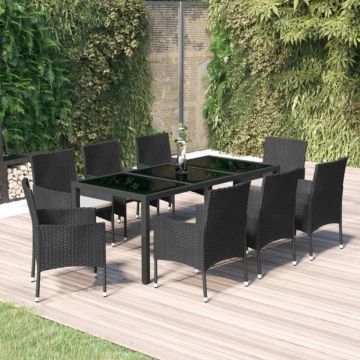 Set mobilier de grădină cu perne, 9 piese, negru, poliratan