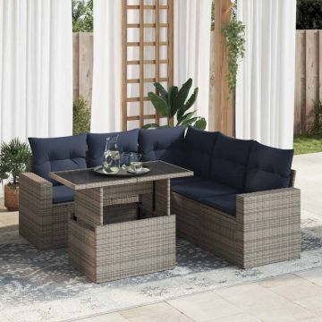 Set mobilier grădină cu perne 6 piese gri poliratan/lemn acacia
