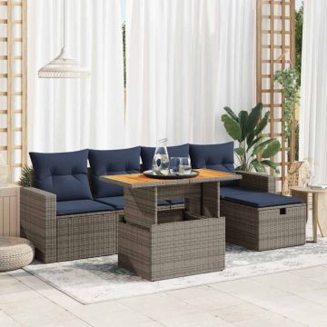 Set mobilier grădină cu perne 6 piese gri poliratan/lemn acacia