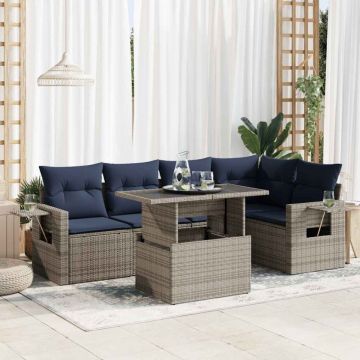 Set mobilier grădină cu perne 6 piese gri poliratan/lemn acacia