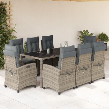Set mobilier grădină cu perne, 9 piese, gri, poliratan