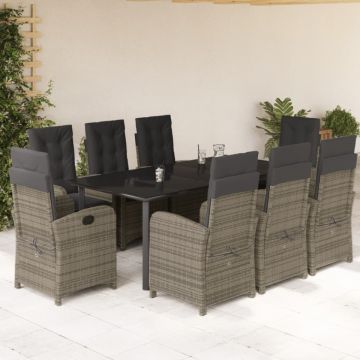 Set mobilier grădină cu perne, 9 piese, gri, poliratan