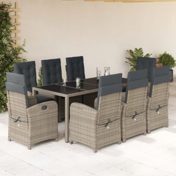 Set mobilier grădină cu perne, 9 piese, gri, poliratan