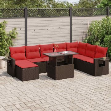 Set mobilier grădină perne 9 piese negru poliratan/lemn acacia