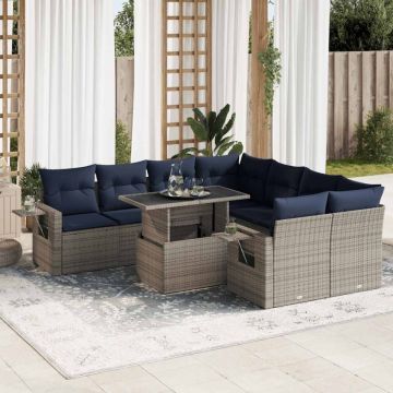 Set mobilier grădină perne 9 piese negru poliratan/lemn acacia