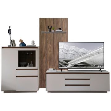 ANSAMBLU MOBILIER CAMERA DE ZI in culoare lemn de nuc, cașmir