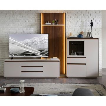 ANSAMBLU MOBILIER CAMERA DE ZI in culoare lemn de nuc, cașmir