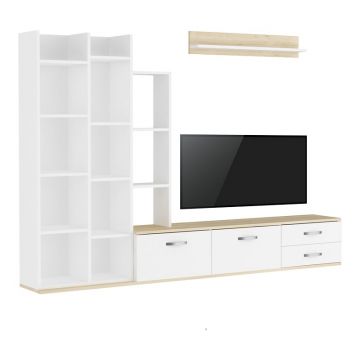 Comoda TV Leman, Pako World, Stejar-Alb, 240x35x154 cm