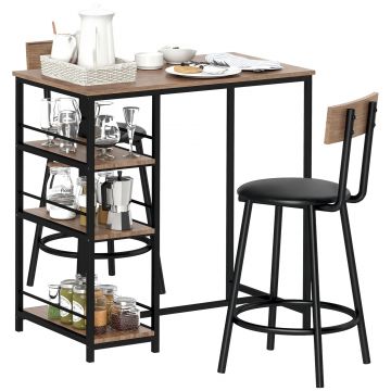 HOMCOM Set de 3 piese pentru bucatarie cu bar si 2 scaune, Set de bucatarie compact cu rafturi laterale, MDF, Metal, Stejar | Aosom Romania