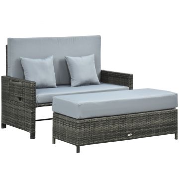 Outsunny Canapea de grădină cu funcție de șezlong, taburet extensibil cu spațiu de depozitare, perne pentru șezut, gri, 130 x 72 x 96 cm | Aosom Romania